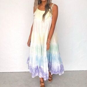 Storia Pastel Tie-Dye Tiered Maxi Dress Size Medium NWT Boho Resort